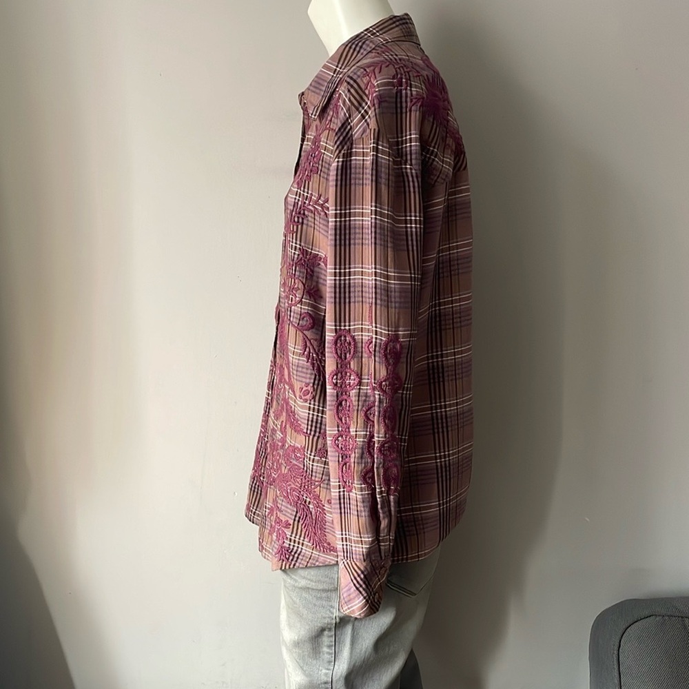 Johnny Was Workshop Button Up Plaid Embroidered S… - image 2